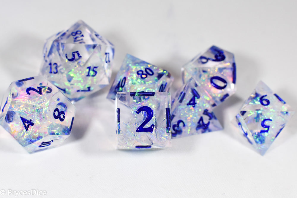 Ice Cubes Sharp Edge Resin 7-Dice Dice (Clear Shimmer w/ Blue Numbers) (Online Only)