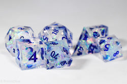 Ice Cubes Sharp Edge Resin 7-Dice Dice (Clear Shimmer w/ Blue Numbers) (Online Only)