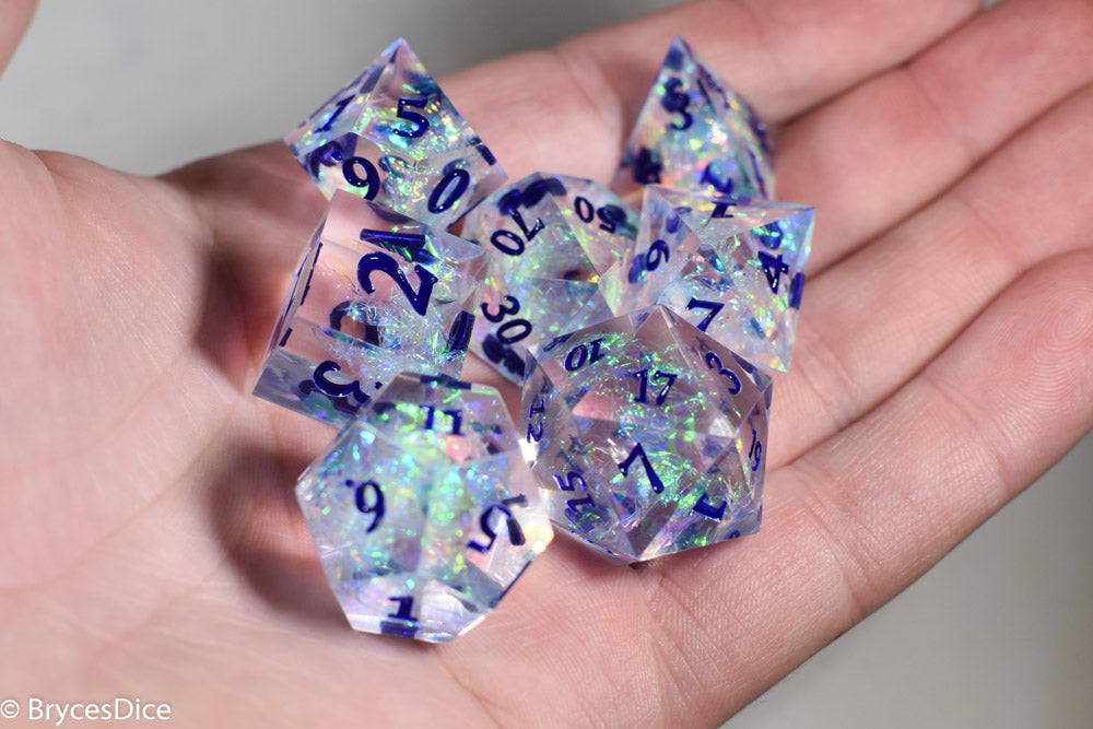 Ice Cubes Sharp Edge Resin 7-Dice Dice (Clear Shimmer w/ Blue Numbers) (Online Only)