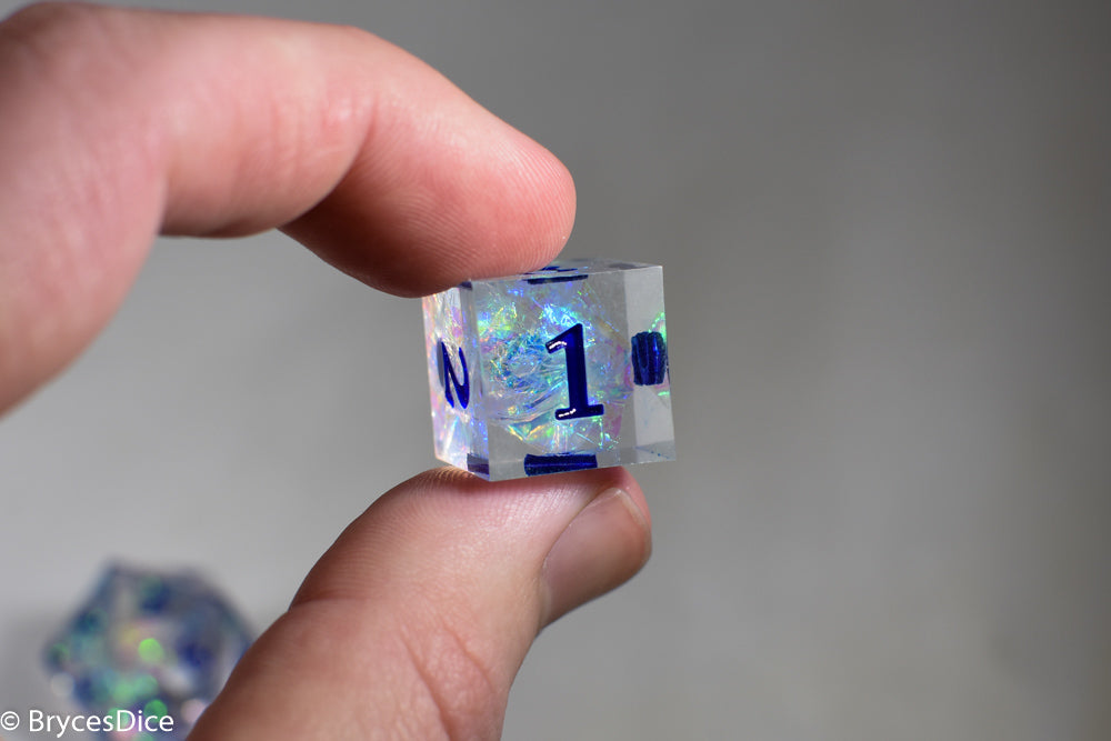Ice Cubes Sharp Edge Resin 7-Dice Dice (Clear Shimmer w/ Blue Numbers) (Online Only)