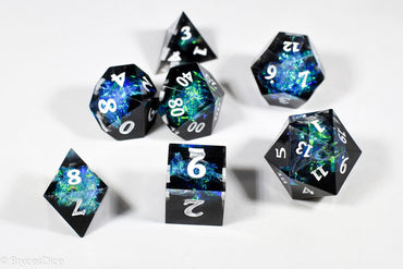 Deep Nether Sharp Edge Resin 7-Dice Dice (Blue-Green and Black w/ White Numbers) (Online Only)