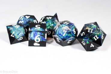 Deep Nether Sharp Edge Resin 7-Dice Dice (Blue-Green and Black w/ White Numbers) (Online Only)