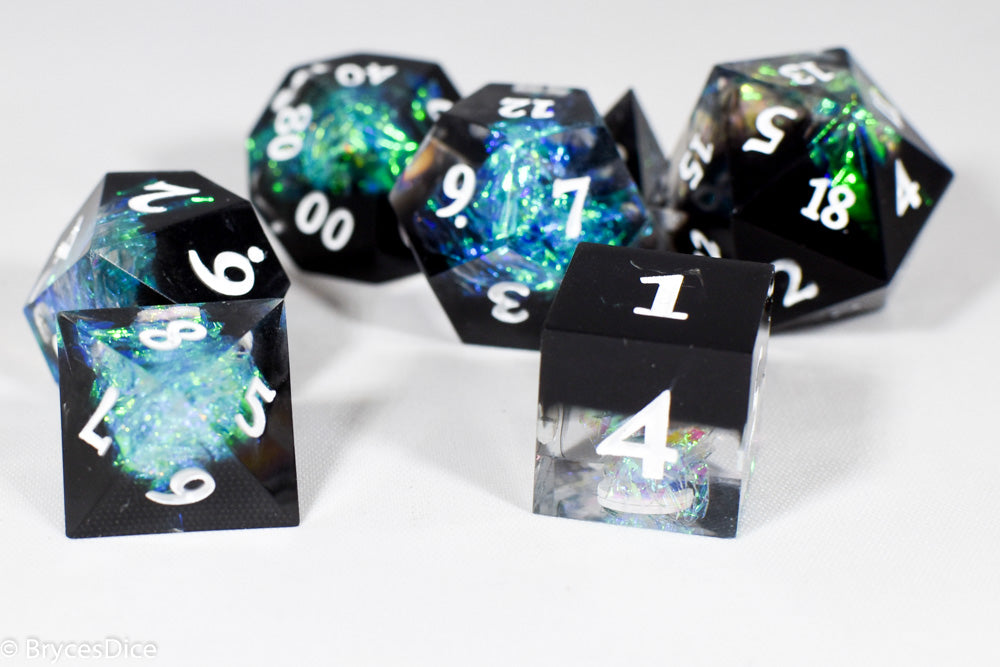 Deep Nether Sharp Edge Resin 7-Dice Dice (Blue-Green and Black w/ White Numbers) (Online Only)