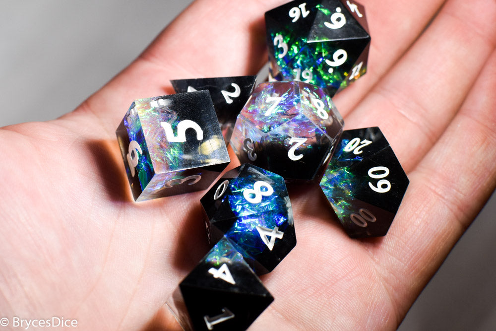 Deep Nether Sharp Edge Resin 7-Dice Dice (Blue-Green and Black w/ White Numbers) (Online Only)