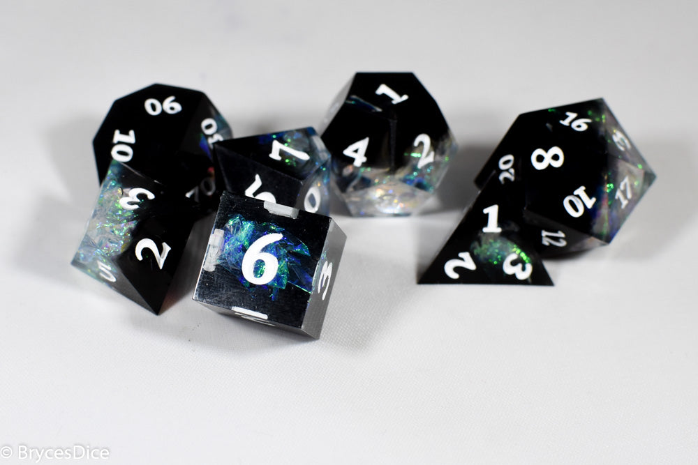 Deep Nether Sharp Edge Resin 7-Dice Dice (Blue-Green and Black w/ White Numbers) (Online Only)