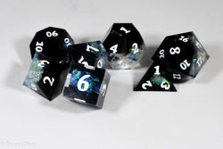 Deep Nether Sharp Edge Resin 7-Dice Dice (Blue-Green and Black w/ White Numbers) (Online Only)