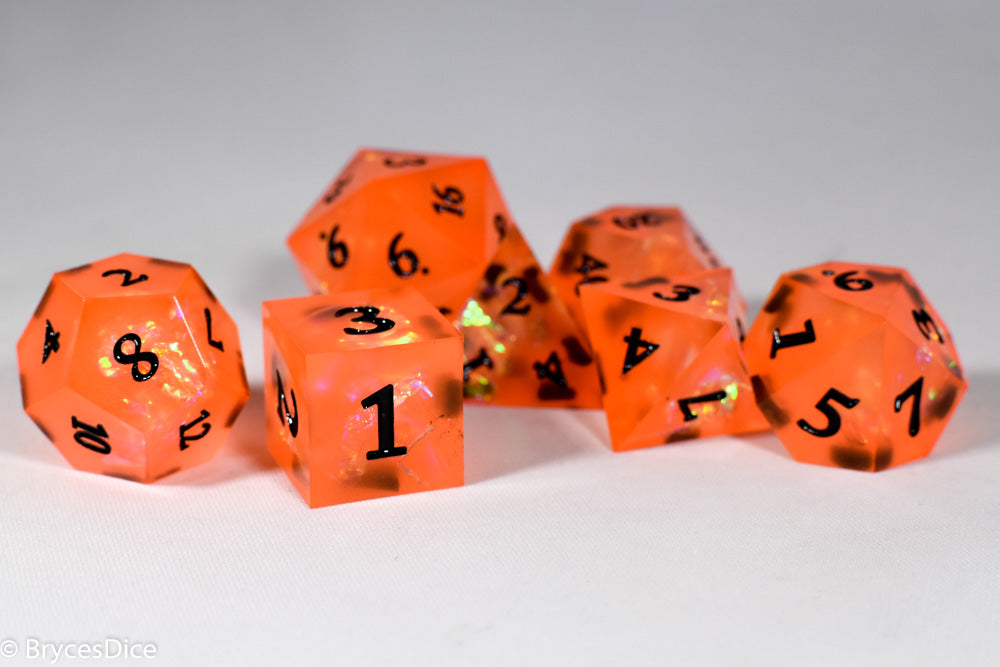 Orangetober Sharp Edge Resin 7-Dice Dice (Orange w/ Black Numbers) (Online Only)