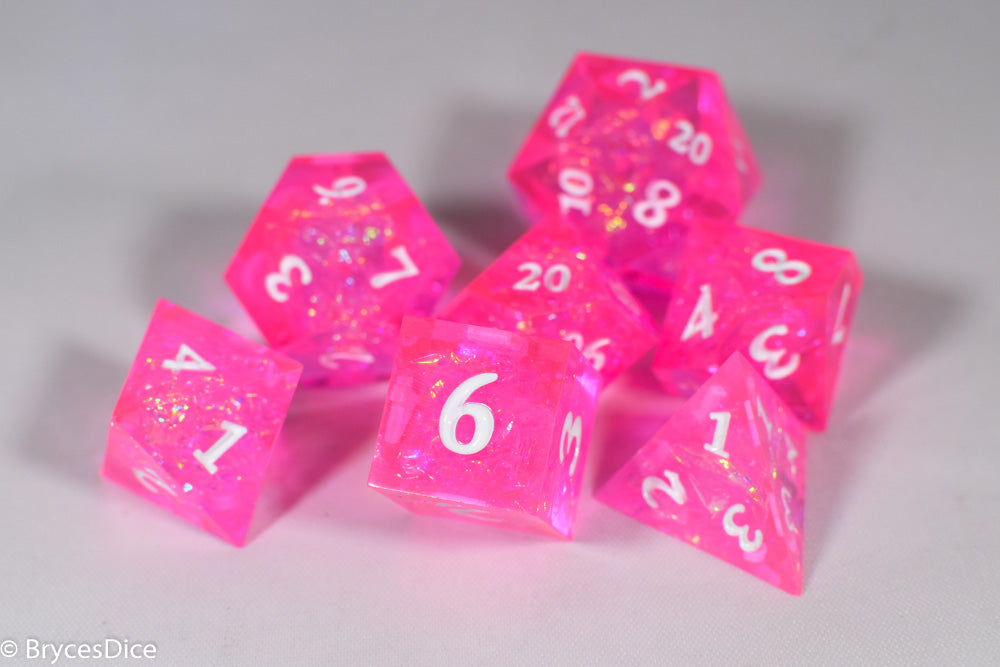 Fairy Flare Sharp Edge Resin 7-Dice Dice (Pink w/ White Numbers) (Online Only)