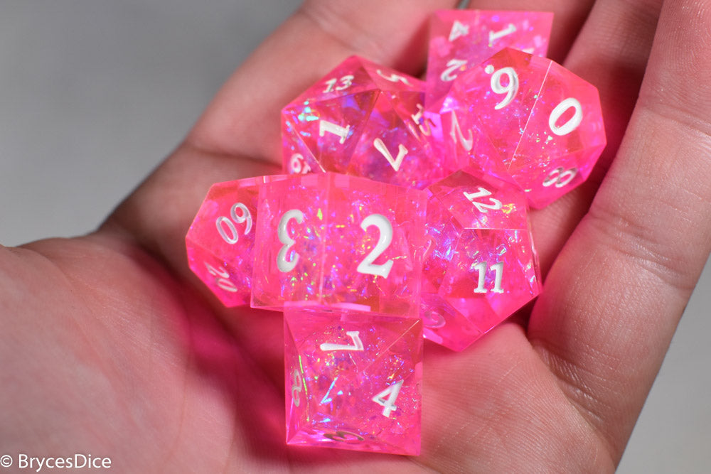 Fairy Flare Sharp Edge Resin 7-Dice Dice (Pink w/ White Numbers) (Online Only)
