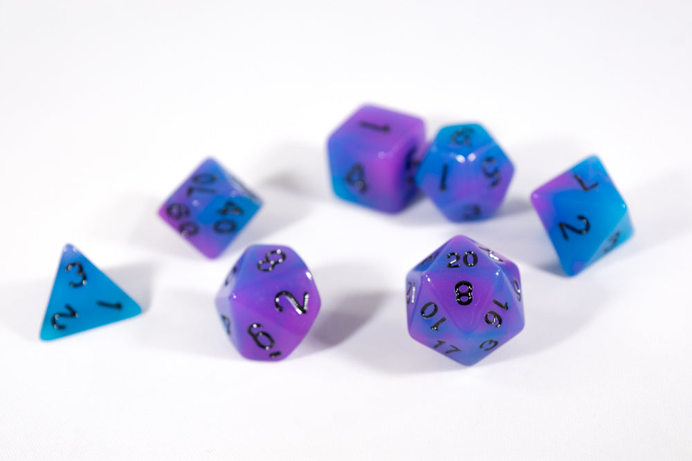 Blue and Purple Glow-in-the-Dark 7-Die Set w/Black Numbers by HDdice (Online Only)