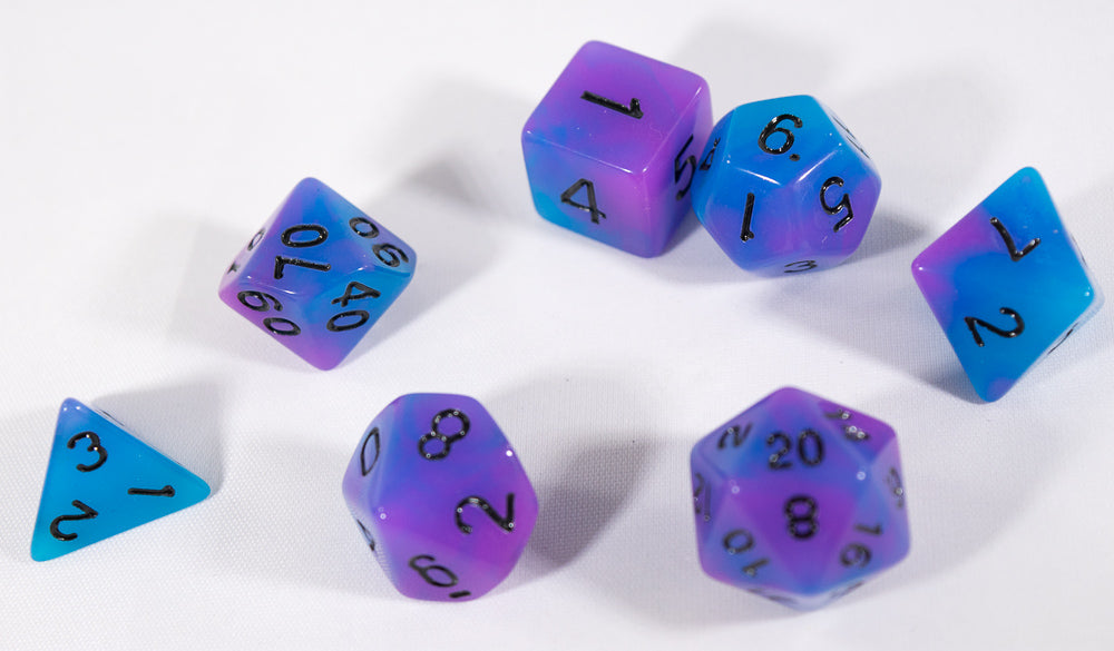 Blue and Purple Glow-in-the-Dark 7-Die Set w/Black Numbers by HDdice (Online Only)