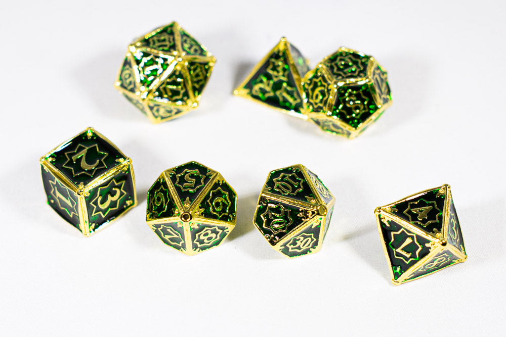 Celtic Shards 7-Dice Metal Set Gold w/ Green Fill {North Star Dice Collection} (Online Only)