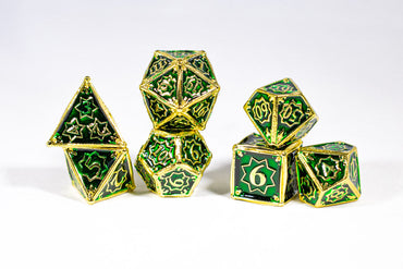 Celtic Shards 7-Dice Metal Set Gold w/ Green Fill {North Star Dice Collection} (Online Only)
