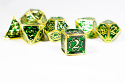 Celtic Shards 7-Dice Metal Set Gold w/ Green Fill {North Star Dice Collection} (Online Only)