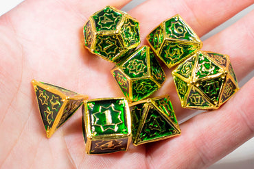 Celtic Shards 7-Dice Metal Set Gold w/ Green Fill {North Star Dice Collection} (Online Only)