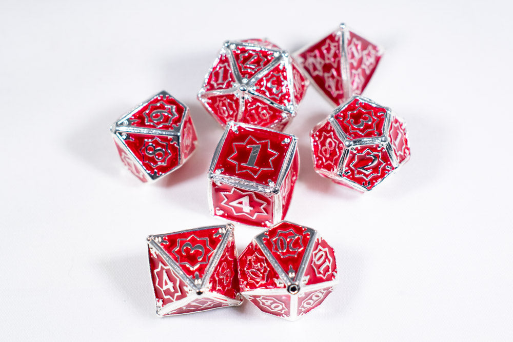 Defender 7-Dice Metal Set Silver w/ Red Fill {North Star Dice Collection} (Online Only)