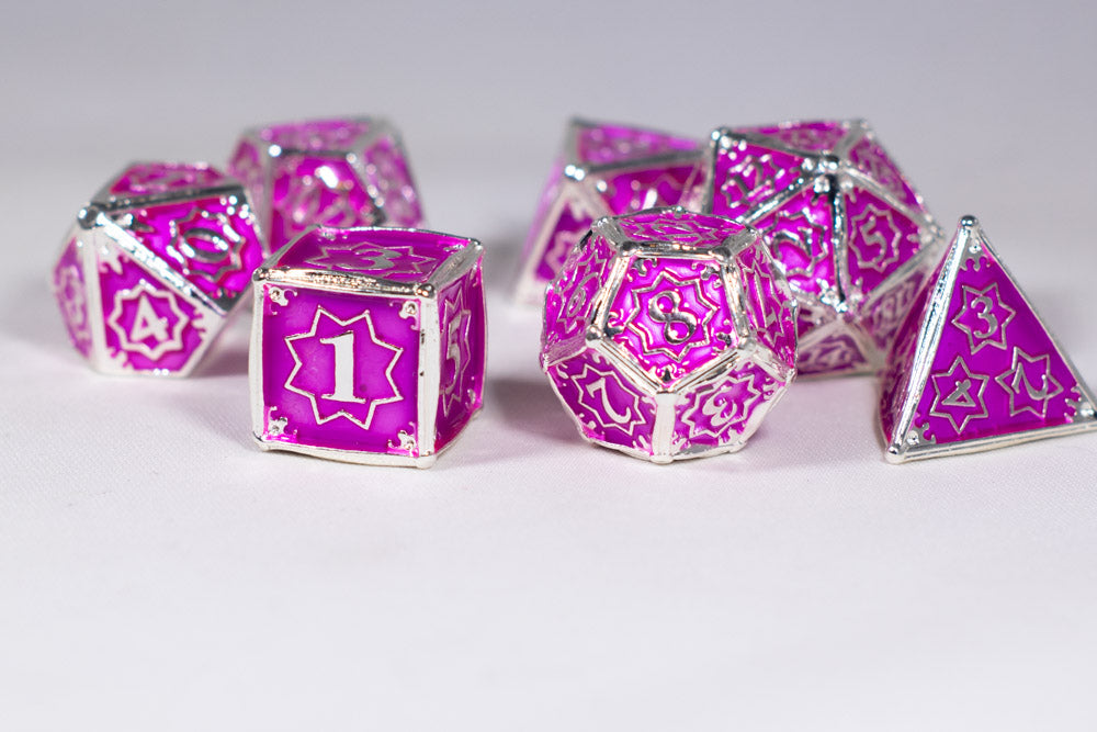 Pretty Paladin 7-Dice Metal Set Silver w/ Pink Fuschia Fill {North Star Dice Collection} (Online Only)