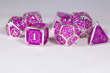 Pretty Paladin 7-Dice Metal Set Silver w/ Pink Fuschia Fill {North Star Dice Collection} (Online Only)