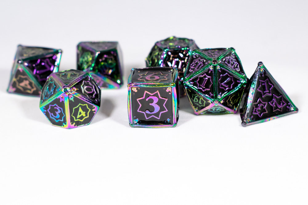Dark Matter 7-Dice Metal Set Rainbow Metal w/ Black Fill {North Star Dice Collection} (Online Only)