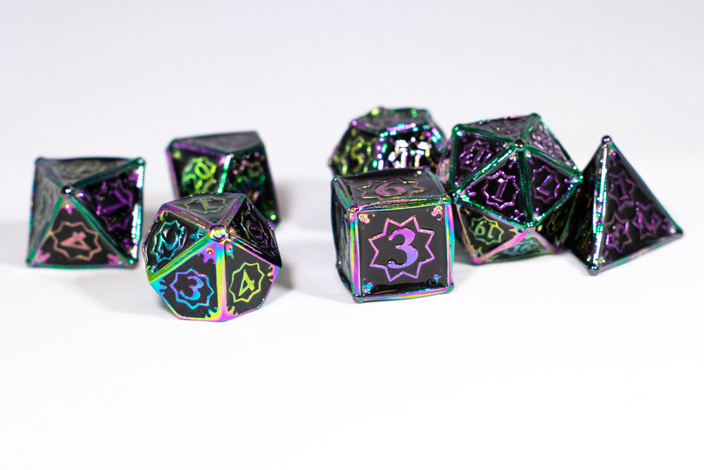 Dark Matter 7-Dice Metal Set Rainbow Metal w/ Black Fill {North Star Dice Collection} (Online Only)