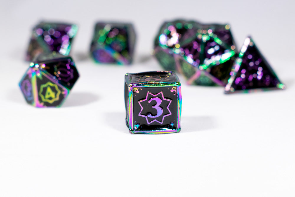 Dark Matter 7-Dice Metal Set Rainbow Metal w/ Black Fill {North Star Dice Collection} (Online Only)