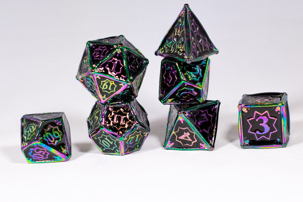 Dark Matter 7-Dice Metal Set Rainbow Metal w/ Black Fill {North Star Dice Collection} (Online Only)