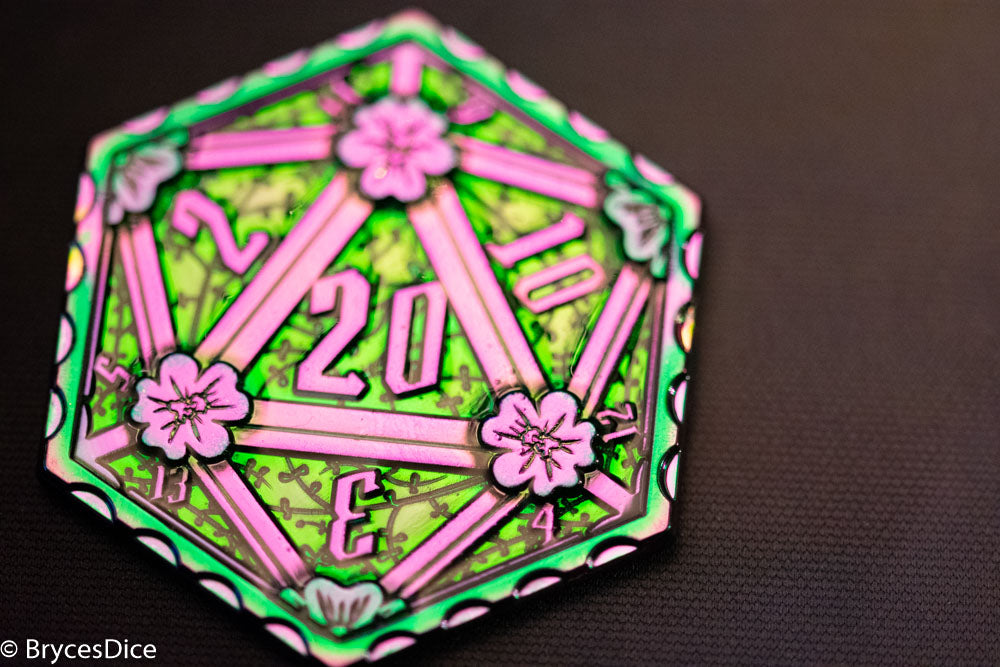 Rainbow d2 Coin Shaped like d20 w/ Purple/Green Tint (V3) (Online Only)