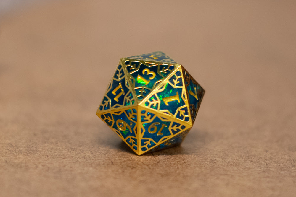 Single d20/d6 Forged in Frost (Resin Dice Encased in Metal) Permafrost/Purple/Opal/Dragon (Online Only)