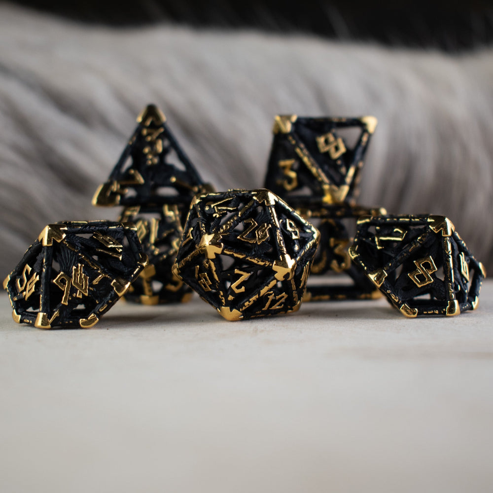 Legends of Valhalla - Matte Black and Gold Hollow Metal Dice Set (ONLINE ORDER ONLY)