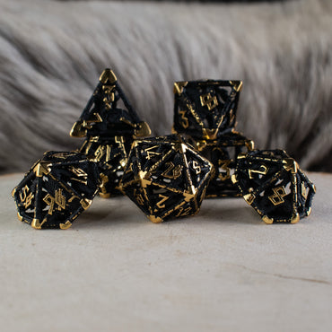 Legends of Valhalla - Matte Black and Gold Hollow Metal Dice Set (ONLINE ORDER ONLY)