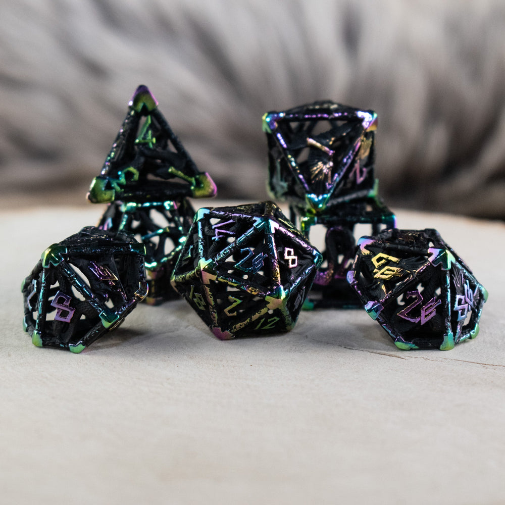 Legends of Valhalla - Matte Black and Iridescent Hollow Metal Dice Set (ONLINE ORDER ONLY)