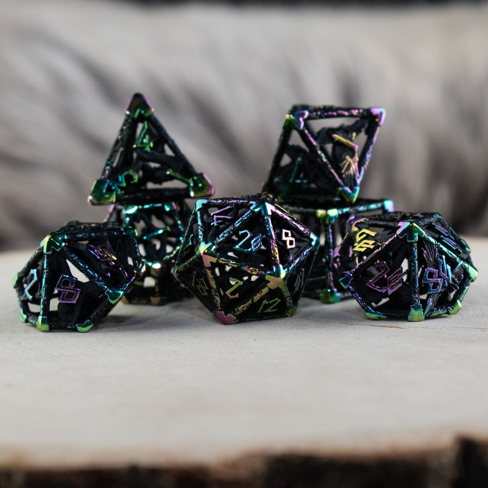 Legends of Valhalla - Matte Black and Iridescent Hollow Metal Dice Set (ONLINE ORDER ONLY)