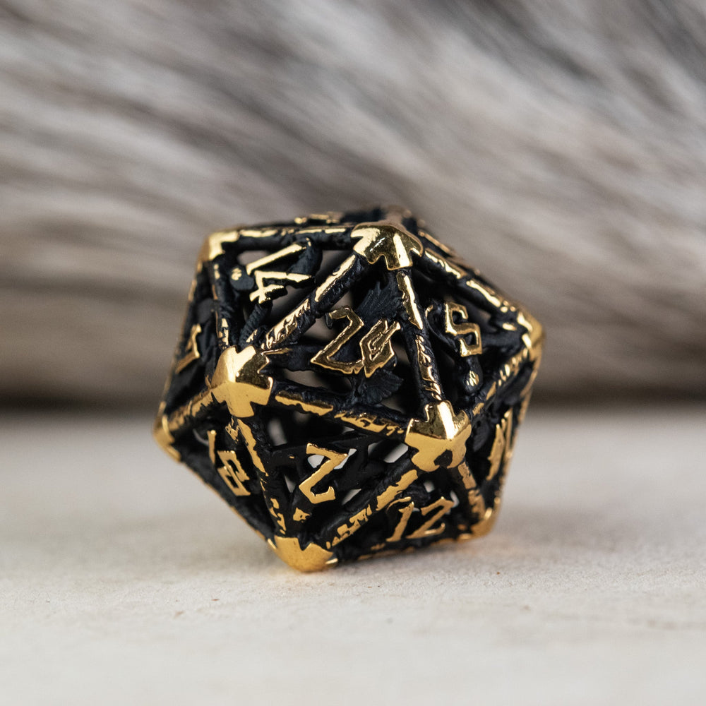 Legends of Valhalla - Matte Black and Gold Hollow Metal Dice Set (ONLINE ORDER ONLY)