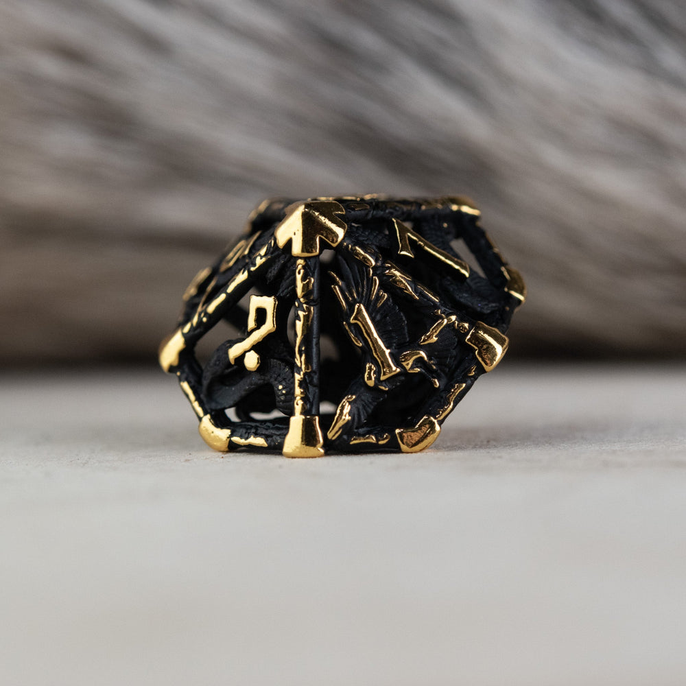 Legends of Valhalla - Matte Black and Gold Hollow Metal Dice Set (ONLINE ORDER ONLY)