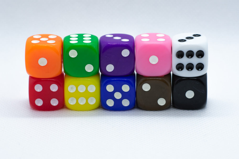 Opaque 16mm Pipped d6 Dice Red/Orange/Yellow/Green/Blue/Purple/White/Black/Pink (sold by the piece) (Online Only)