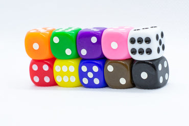 Opaque 16mm Pipped d6 Dice Red/Orange/Yellow/Green/Blue/Purple/White/Black/Pink (sold by the piece) (Online Only)