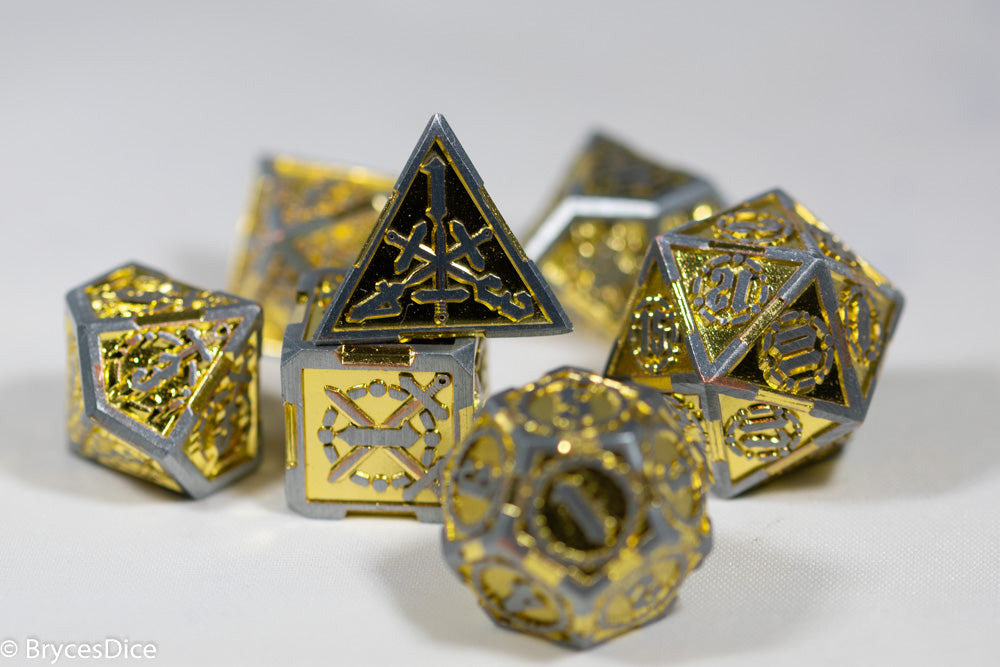 Silver w/Gold Inlay Sword Strengthened Metal 7-Dice Set (Online Only)