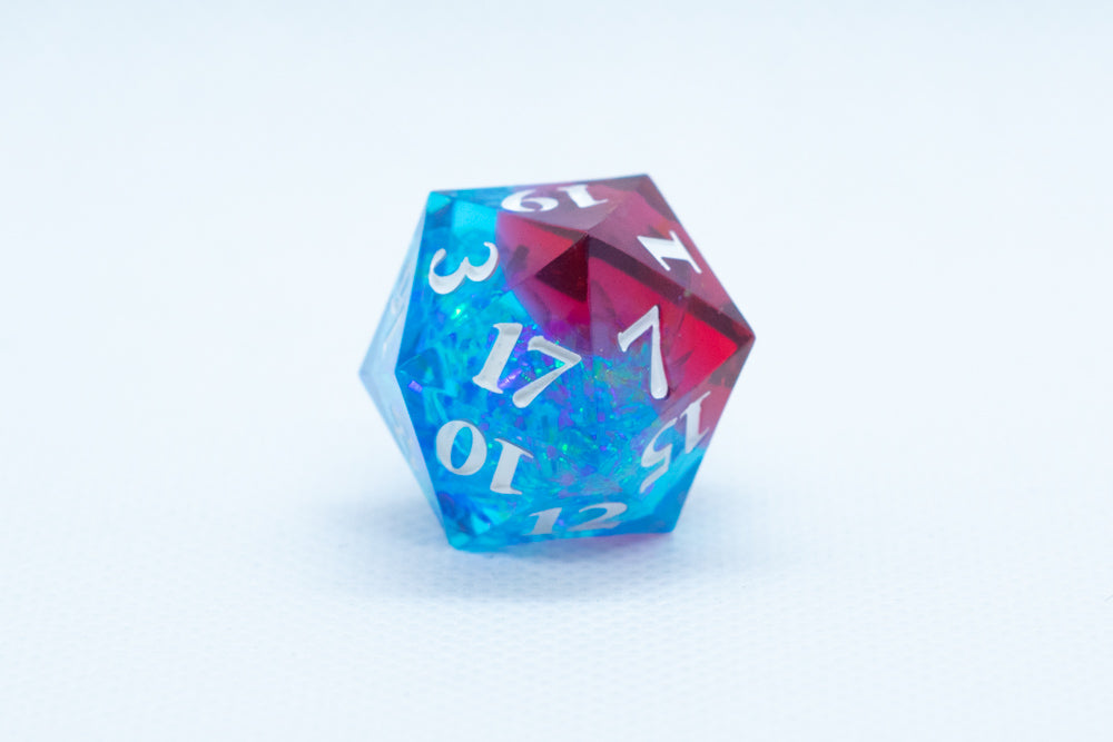 Blue on Red Sharp Edge Resin d6 / d20-Dice (Blue- Red w/ White Numbers) (Online Only)