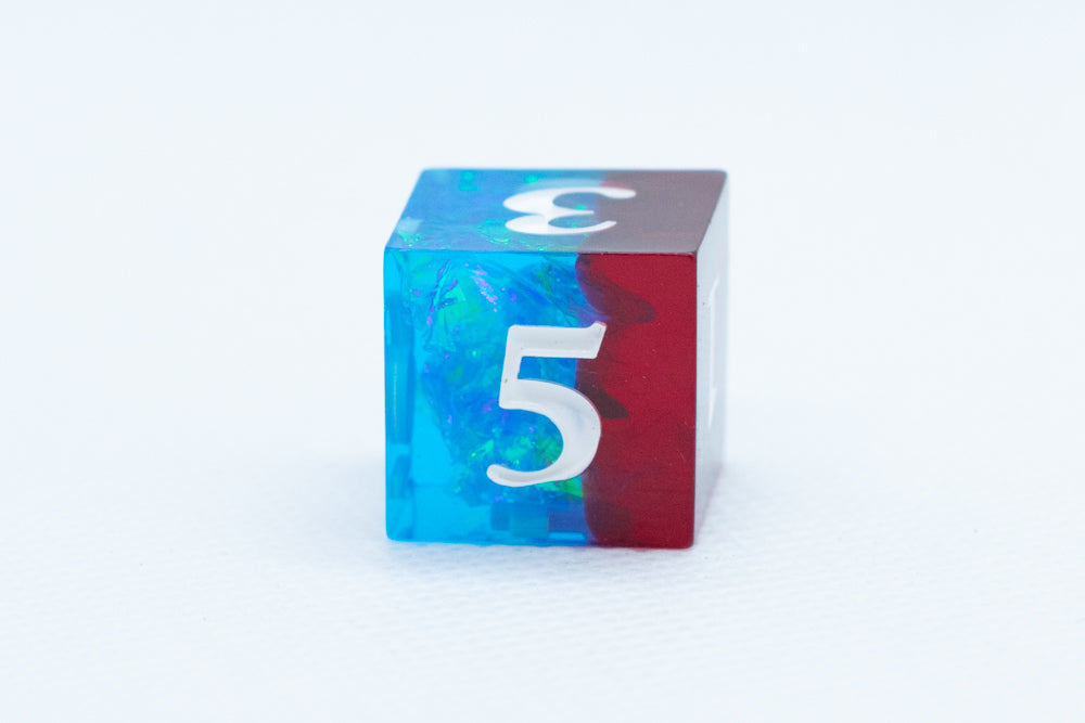 Blue on Red Sharp Edge Resin d6 / d20-Dice (Blue- Red w/ White Numbers) (Online Only)