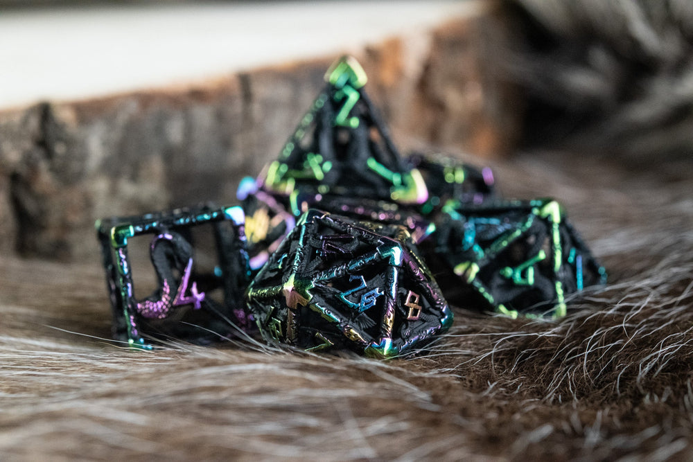 Legends of Valhalla - Matte Black and Iridescent Hollow Metal Dice Set (ONLINE ORDER ONLY)