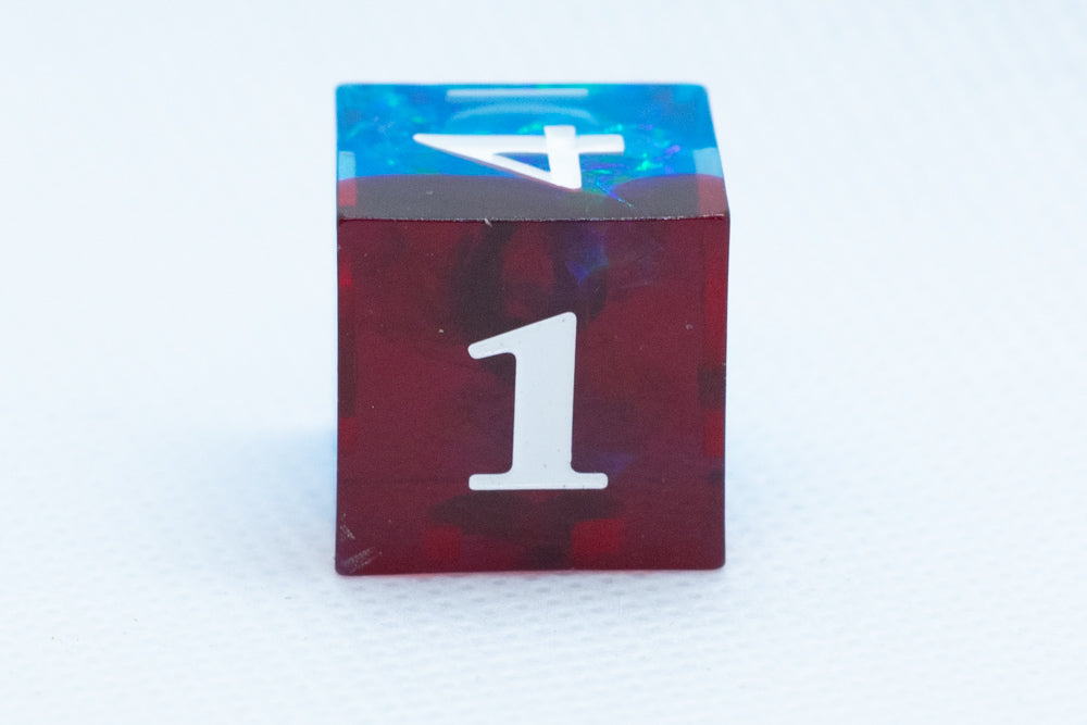 Blue on Red Sharp Edge Resin d6 / d20-Dice (Blue- Red w/ White Numbers) (Online Only)