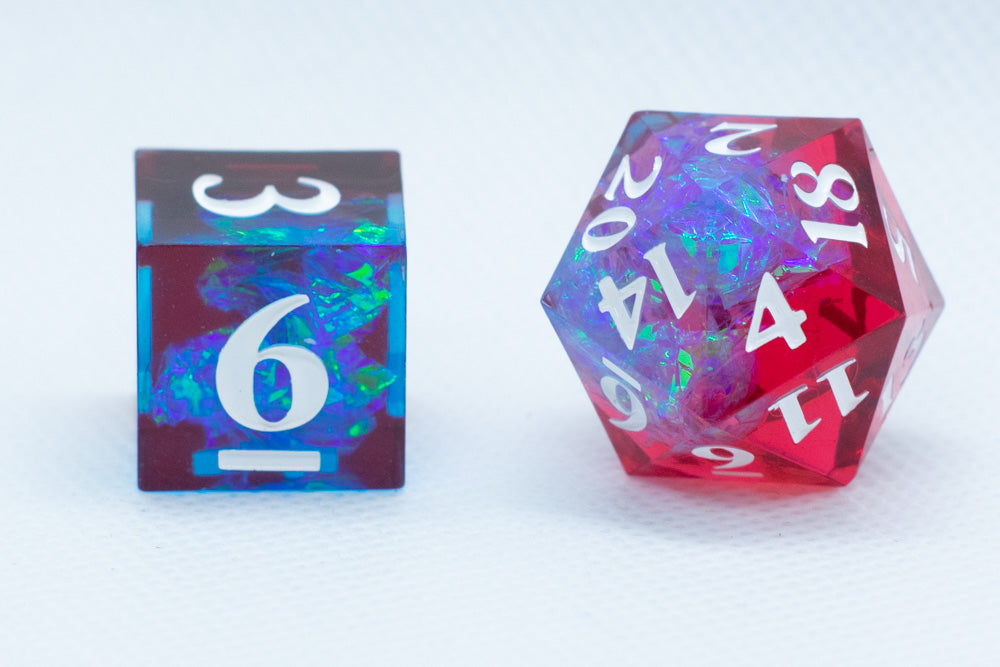 Blue on Red Sharp Edge Resin d6 / d20-Dice (Blue- Red w/ White Numbers) (Online Only)
