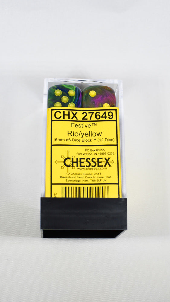 Chessex 16mm d6 Block – Festive Rio with Yellow Numbers (CHX 27649) (Online Only)