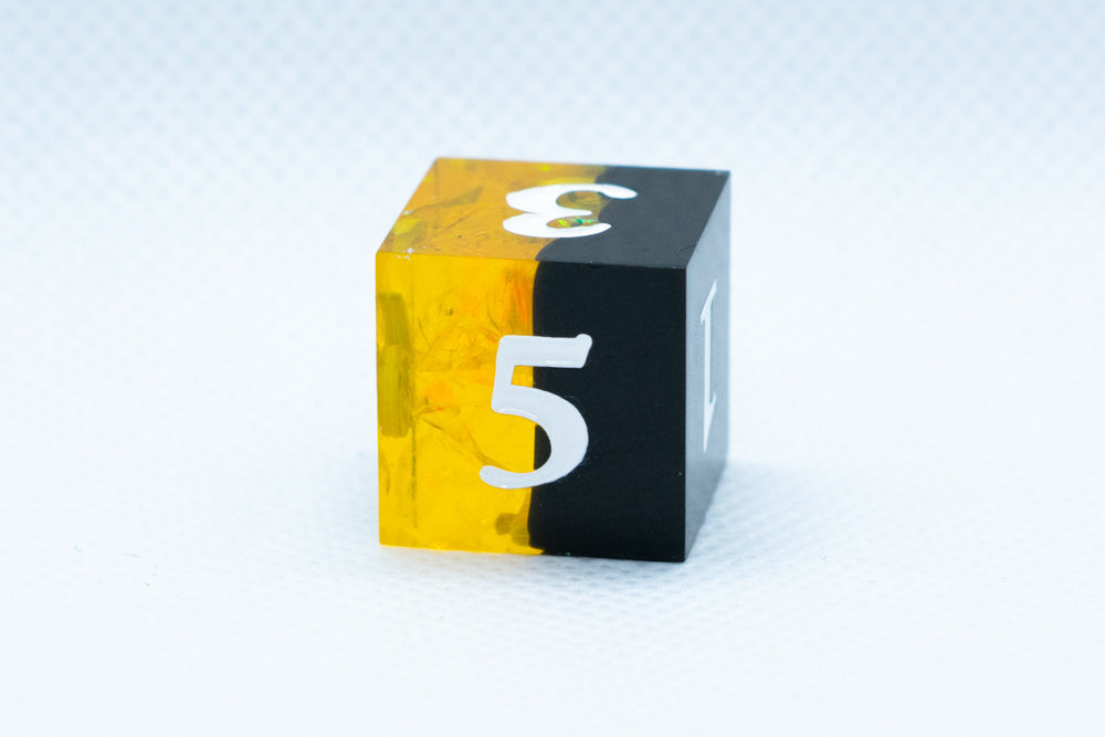 Infection Sharp Edge Resin d6/d20-Dice (Black & Yellow w/White Numbers) [subtle imperfection] (Online Only)