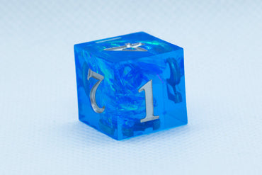 Powder Blue Sharp Edge Resin d6-Dice (Blue w/Silver Numbers) [subtle imperfection] (Online Only)