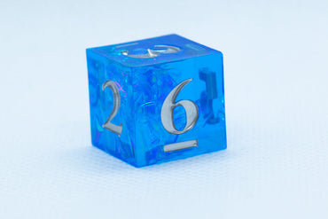 Powder Blue Sharp Edge Resin d6-Dice (Blue w/Silver Numbers) [subtle imperfection] (Online Only)