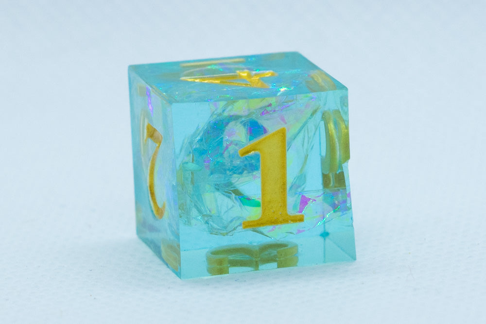Seafoam Sharp Edge Resin d6/d20 -Dice (Seafoam w/Gold Numbers) [subtle imperfection] (Online Only)