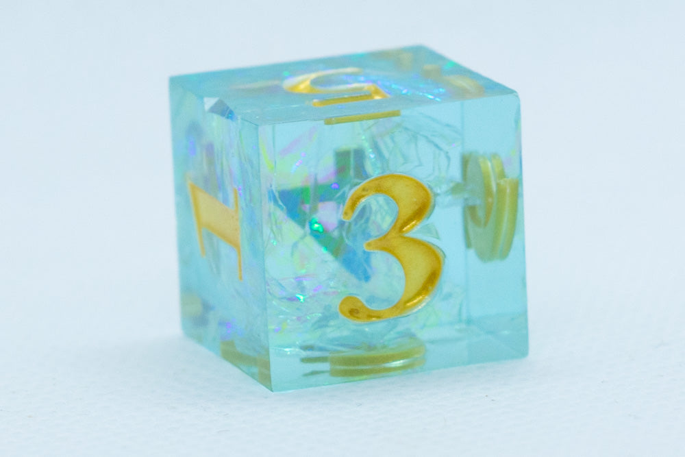 Seafoam Sharp Edge Resin d6/d20 -Dice (Seafoam w/Gold Numbers) [subtle imperfection] (Online Only)