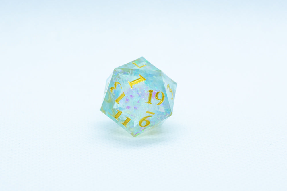 Seafoam Sharp Edge Resin d6/d20 -Dice (Seafoam w/Gold Numbers) [subtle imperfection] (Online Only)