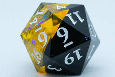 Infection Sharp Edge Resin d6/d20-Dice (Black & Yellow w/White Numbers) [subtle imperfection] (Online Only)